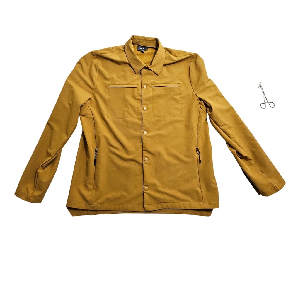 FLX Shirt Jacket Men Large Mustard Yellow Snap Front Stretch Tech Shacket 229379
